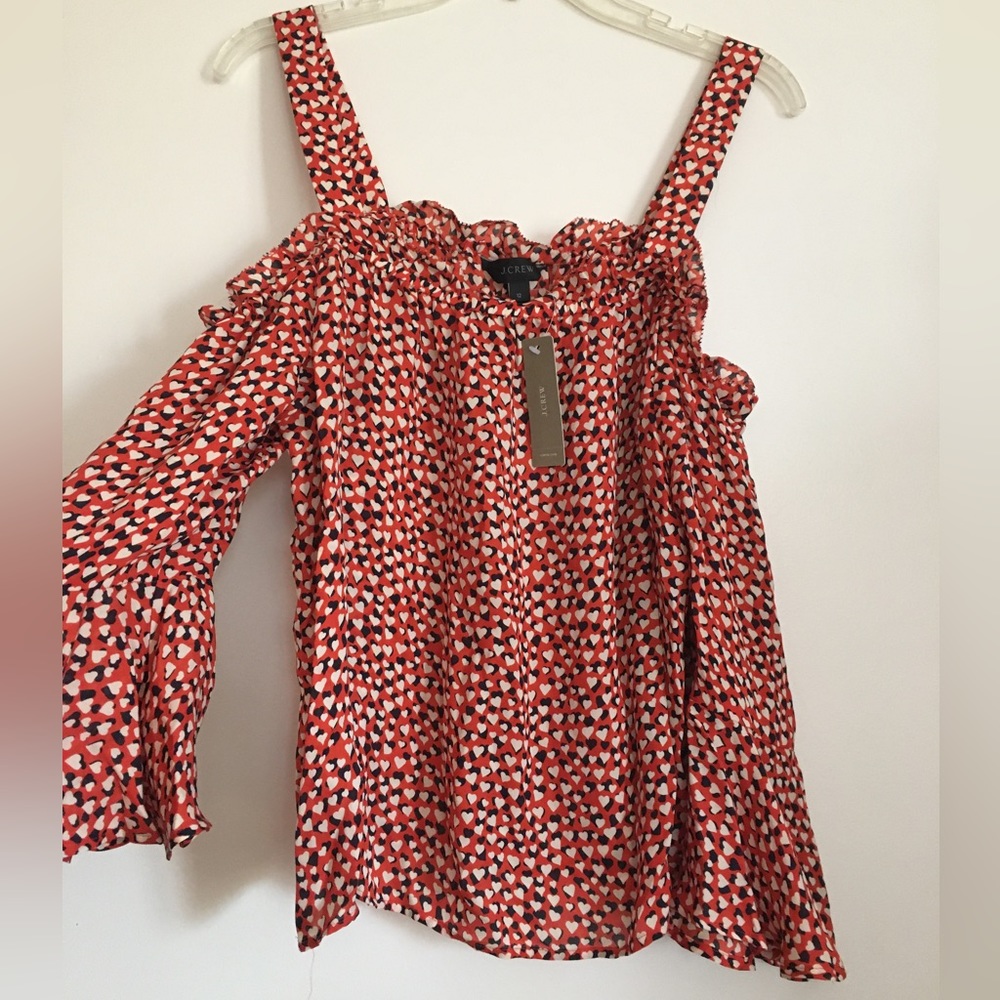 NWT J Crew silk HEARTS cold shoulder blouse 12